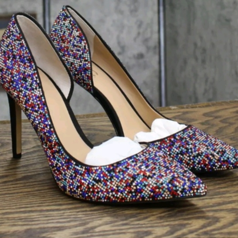 Multi-Colored Glitter High Heeled Pumps with Pointed Toe and Thin Stiletto